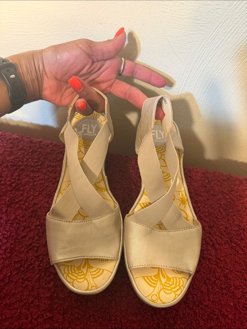 Fly London Sandals 39 US 8.5-9 Metallic Beige Leather 2" Wedge Comfort Slip On.